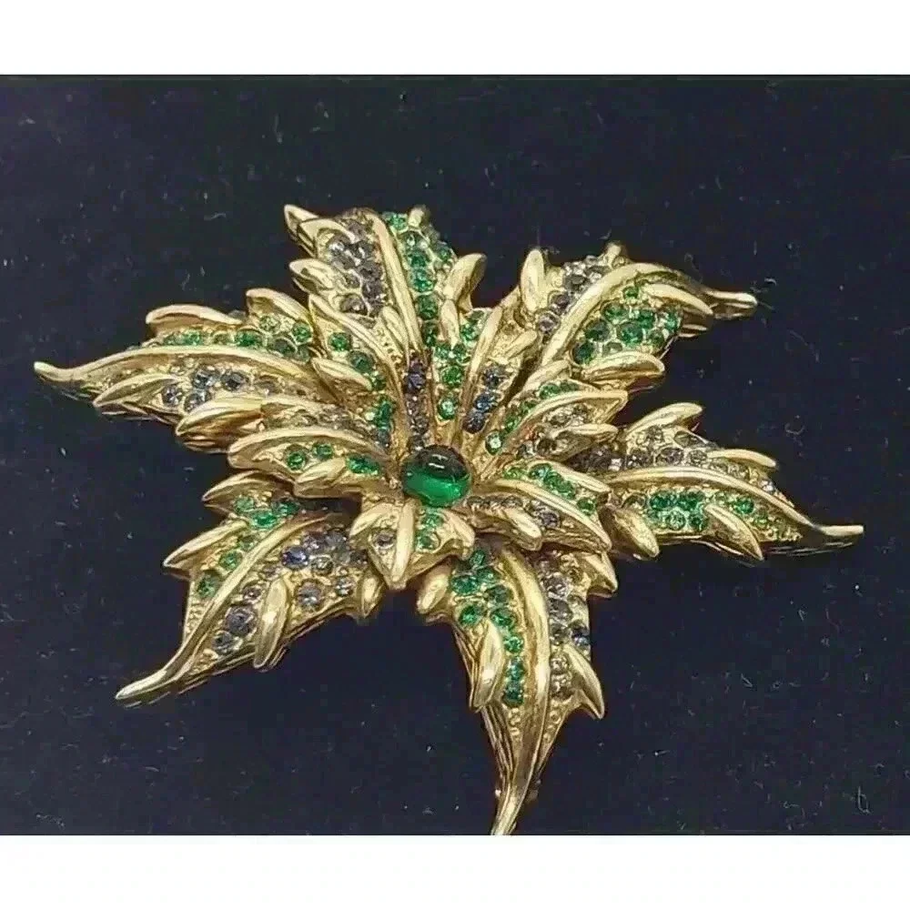 Vintage Flower Brooch Gold With Green & Blue Rhinestones & Cabochon Figural